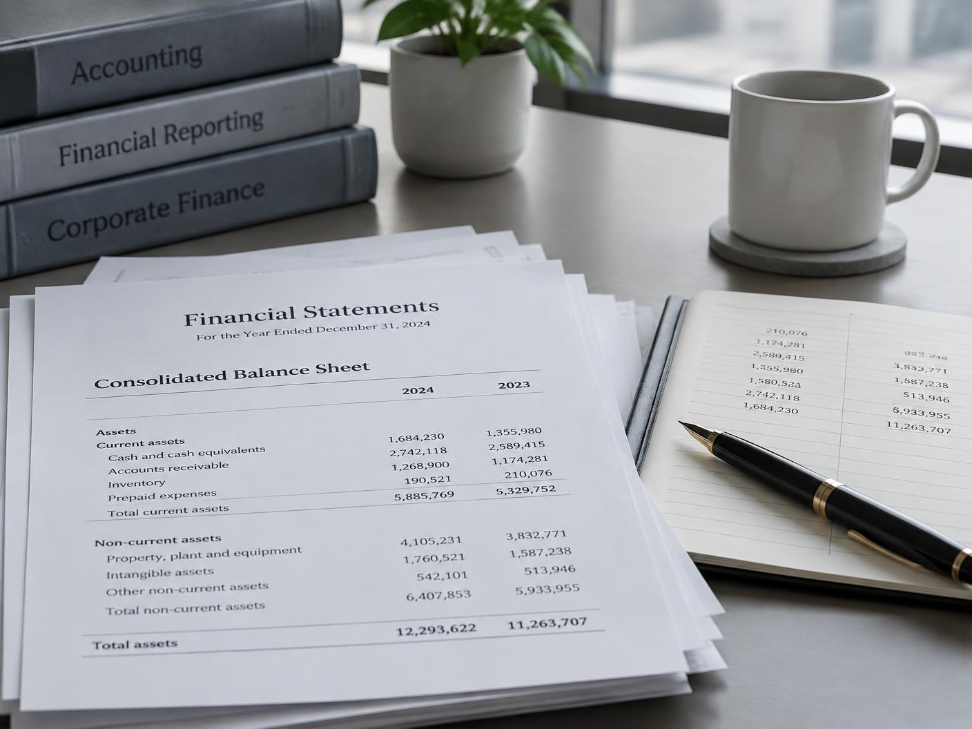 Printed financial statements, a ledger notebook and a pen on a desk