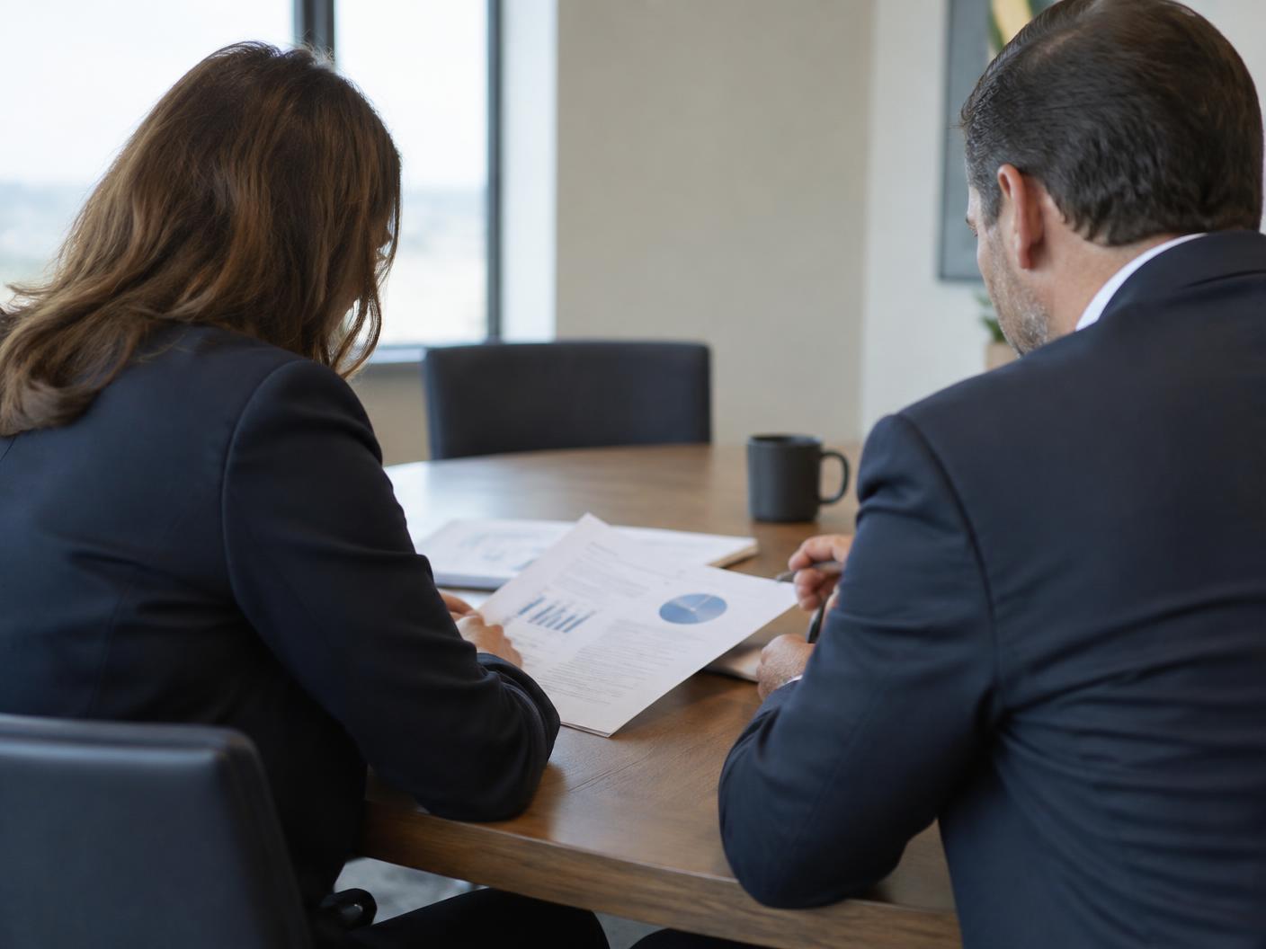 Two professionals reviewing printed business reports across a meeting table