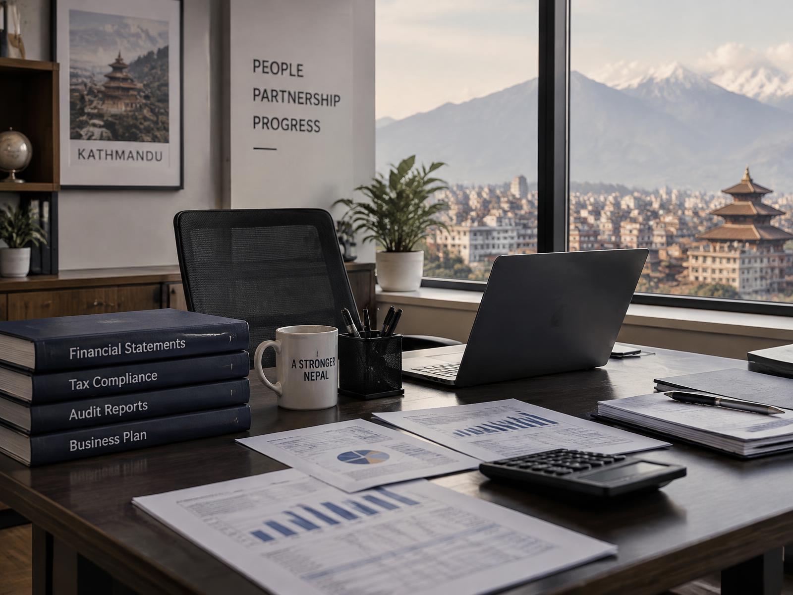 Organized financial reports and a laptop on a desk in a Kathmandu office with the city and hills beyond the window